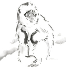 寒さに身を縮める子猿　水墨画