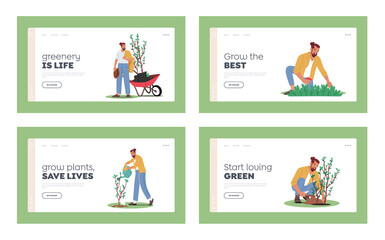 Fototapeta premium Gardening Works, Reforestation, Nature and Ecology Landing Page Template Set. Environment Day, Characters Growing Trees