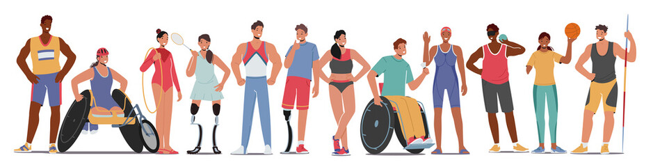 Set of Sportsmen and Sportswomen Characters in Uniform, Paralympic and Healthy Athletes, Young Men or Women Stand in Row © Anna Syvak