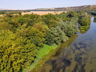 Fototapeta premium Aerial view of Yantra River, passing near the town of Byala, Bulgaria