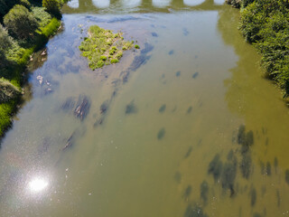 Aerial view of Yantra River, passing near the town of Byala, Bulgaria