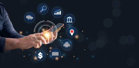 Businessmen using applications on smartphone for internet browsing, data search, stock trading analysis, location search, chat and email communication, financial information, mobile banking.