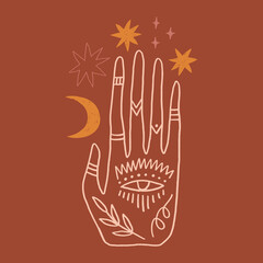 Magic boho moon hand terracotta vector illustration