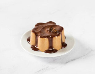 Coffee cream pudding with chocolate sauce on a plate. Light background