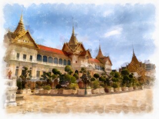 Fototapeta premium Landscape of the Grand Palace ancient Thai architecture in Bangkok Thailand watercolor style illustration impressionist painting.