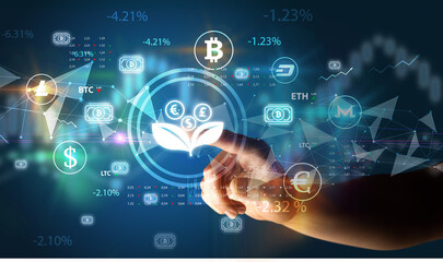 Business person hand pushing currency symbol on multimedia touch screen