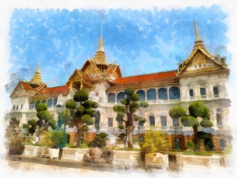 Landscape of the Grand Palace ancient Thai architecture in Bangkok Thailand watercolor style illustration impressionist painting.
