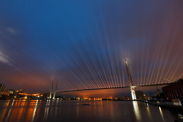 Fototapeta na wymiar Light show of the Golden Bridge in Vladivostok. Bridge across the Golden Horn Bay at night.