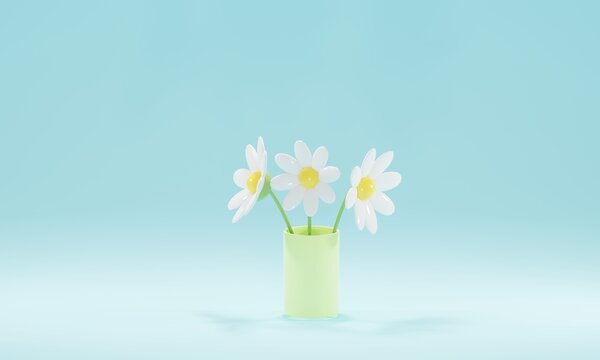 3D flowers. spring composition of a bouquet of daisies. 3d render illustration