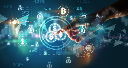 Business person hand pushing currency symbol on multimedia touch screen