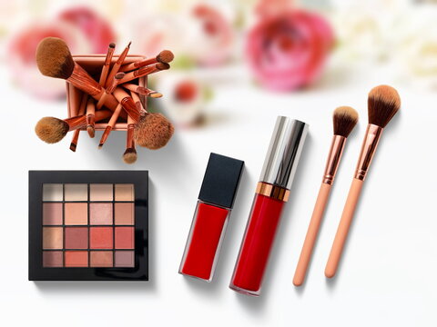 Palette and brushes ,Women accessories red lipstick palette pencil on cosmetic blue background fachion template, copy space banner