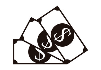 Icono negro de billetes de dólares en fondo blanco.