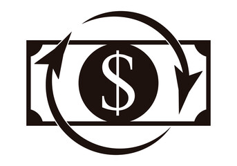 Icono negro de billete de dólar en transación. 