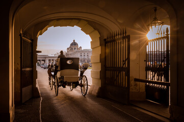 Vienna, Austria: vintage carriage passing an arch at Hofburg