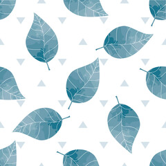 Watercolor leaves seamless pattern. Blue leaf limitless floral textile fabric wrap paper spring background
