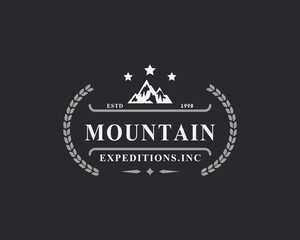 Vintage Retro Badge Camping Logo Design Element and Silhouettes Outdoor Adventure Mountains and Forest Camp Emblem Illustration