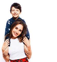 lifestyle and people concept, little cute boy with teenage girl posing together cheerful happy smiling isolated on white background