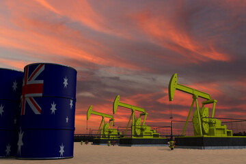 Nice pumpjack oil extraction and cloudy sky in sunset with the AUSTRALIA flag on oil barrels 3D rendering