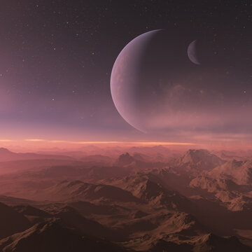 3d rendered Space Art: Alien Planet - A Fantasy Landscape with purple skies and stars