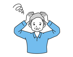 困った表情の年配男性のイラスト　頭を抱えるポーズ　白背景にベクターイラストのデザイン要素