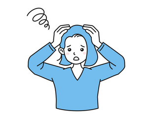 困った表情の女性のイラスト　頭を抱えるポーズ　白背景にベクターイラストのデザイン要素
