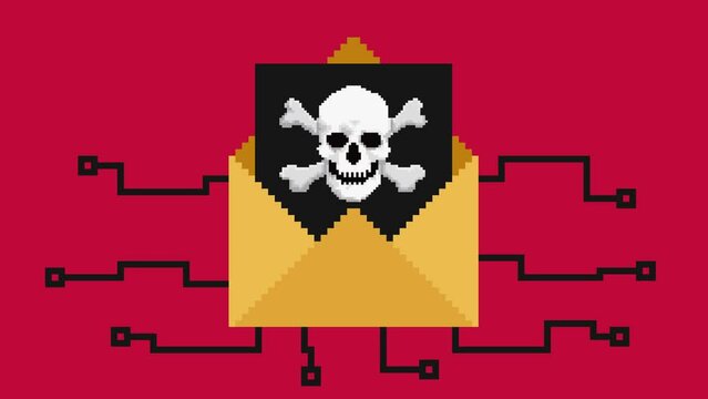 Email with virus hacking computer system. Pixel art animation.