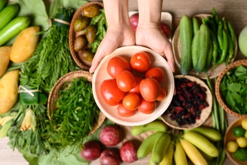 Organic Southeast Asian vegetables and fruits from local farmer market in summer season, Northern of Thailand, Sustainability concept