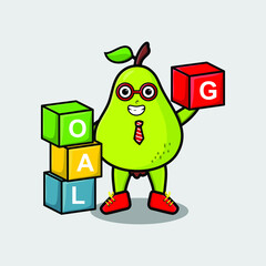 Cute cartoon pear fruit businessman stacking goal box in 3d modern style design