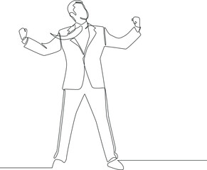 Simple continuous line drawing  Men rising Hands up.  success, friendship, celebration, joy and fun in project.  Draw in black and white background. Vector illustration. 