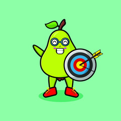 Cute cartoon pear fruit businessman holding target and arrow with happy expression in 3d modern style design