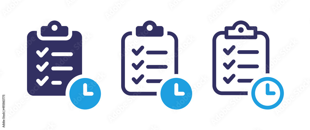 Poster Clipboard with clock icon set. To-do list and checklist symbol vector illustration