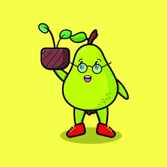 Cute cartoon pear fruit holding plant in a pot 3d modern style design