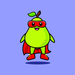 Cute pear fruit superhero character flaying illustration cartoon vector in concept 3d modern style design