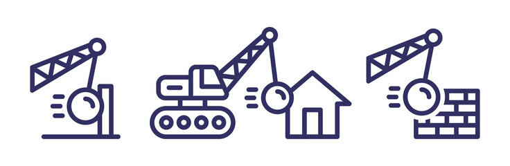Demolish work icon set. Demolition crane symbol with construction vector illustration. - obrazy, fototapety, plakaty
