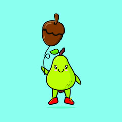Cute cartoon pear fruit floating with acorn balloon cartoon vector illustration in concept 3d cartoon style
