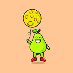 Cute cartoon pear fruit floating with moon balloon cartoon vector illustration in concept 3d cartoon style