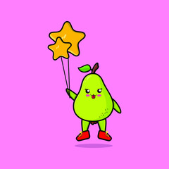 Cute cartoon pear fruit floating with star balloon cartoon vector illustration in concept 3d cartoon style