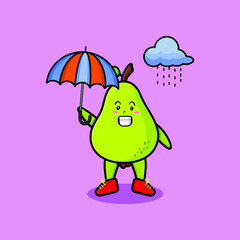 Cute cartoon pear fruit character in the rain and using an umbrella in 3d modern style design