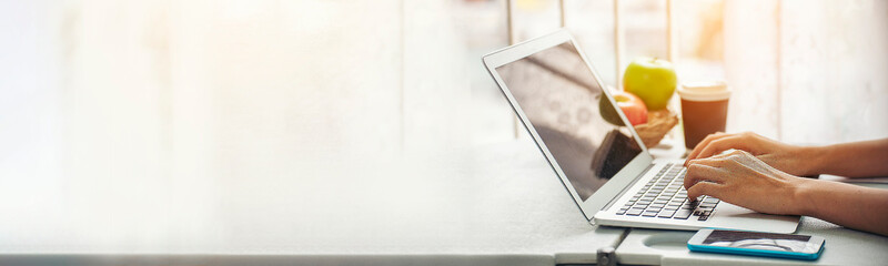 Banner Blogger Woman hands typing laptop keyboard. Panorama women hand using laptop social network...