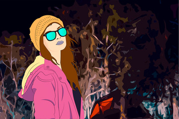 mujer joven en el bosque de noche con gafas