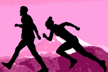 Fototapeta na wymiar dos jóvenes corriendo en el monte 
