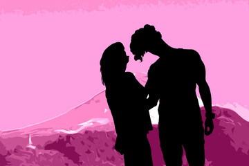 Fototapeta na wymiar pareja con fondo rosa y el monte nevado de fondo