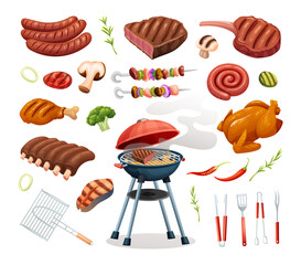 Set of barbecue party elements grilled meat and ingredients. BBQ concept in cartoon style