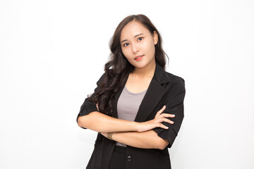 Beautiful Asian business woman wearing black suit with her crossed arms on white background and copy space.  Confident Asian working woman smiling and cheerful