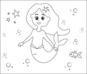 (Mermaid Coloring Page: 14) Cute mermaid with goldfishes, green grass, water bubbles on background, vector black and white coloring page.