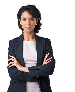 Shes one confident exec. Studio portrait of a successful businesswoman posing against a white background.