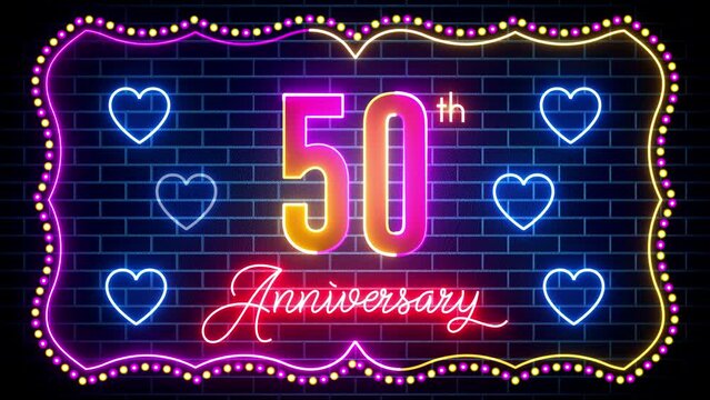 Festive Glowing Shine 50th Anniversary Text With Hearts Neon Light Flickering Inside Rotating Dots And Art Line Border Frame On Brick Wall Background Seamless Loop