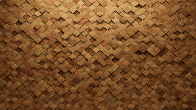 Arabesque, Timber Mosaic Tiles arranged in the shape of a wall. 3D, Wood, Blocks stacked to create a Soft sheen block background. 3D Render