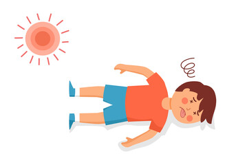 Boy child fainting with heatstroke symptom from strong sunlight in flat design on white background.