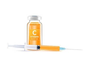 Serum collagen vitamin C inside bottle and syringe. Medicine injection of IV drip vitamins and minerals for health. Medical aesthetic concept. Glass vaccine bottle isolated on white background vector.